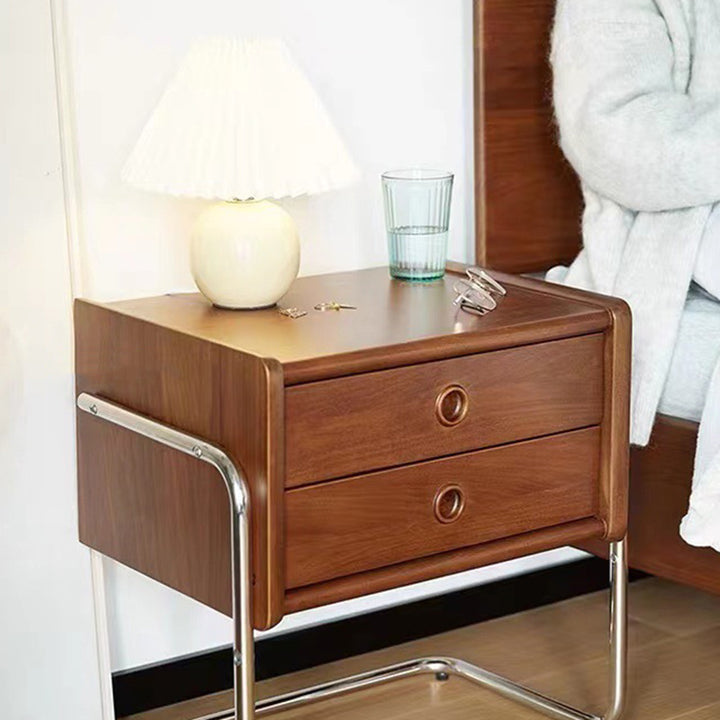Traditional Vintage Rectangle Pine Wood Rubberwood Plywood Stainless Steel Nightstand 2-Drawer For Bedroom