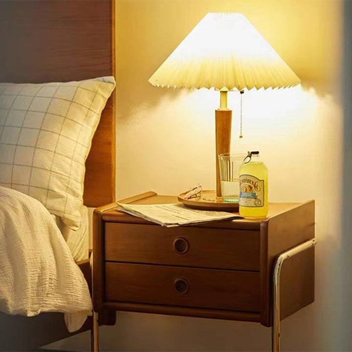 Traditional Vintage Rectangle Pine Wood Rubberwood Plywood Stainless Steel Nightstand 2-Drawer For Bedroom