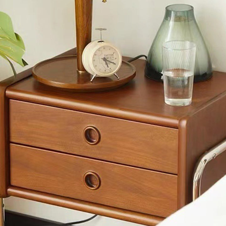 Traditional Vintage Rectangle Pine Wood Rubberwood Plywood Stainless Steel Nightstand 2-Drawer For Bedroom