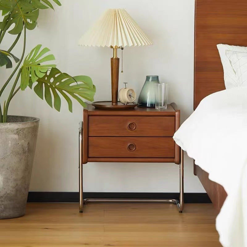 Traditional Vintage Rectangle Pine Wood Rubberwood Plywood Stainless Steel Nightstand 2-Drawer For Bedroom