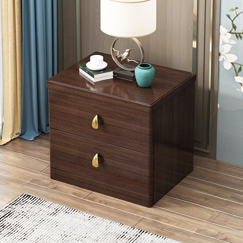 Traditional Chinese Rectangular Rubberwood Solid Wood Multi-layer Board Nightstand 2-Drawer For Bedroom
