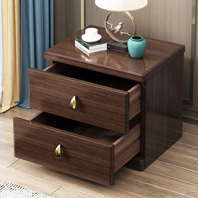 Traditional Chinese Rectangular Rubberwood Solid Wood Multi-layer Board Nightstand 2-Drawer For Bedroom