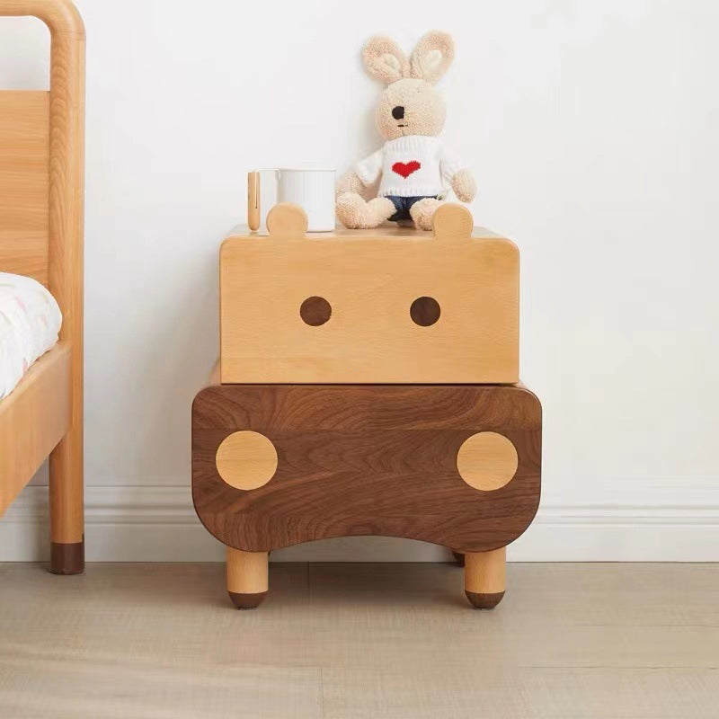 Contemporary Creative Kids Bear Shape Solid Wood Walnut Wood Nightstand 2-Drawer For Bedroom