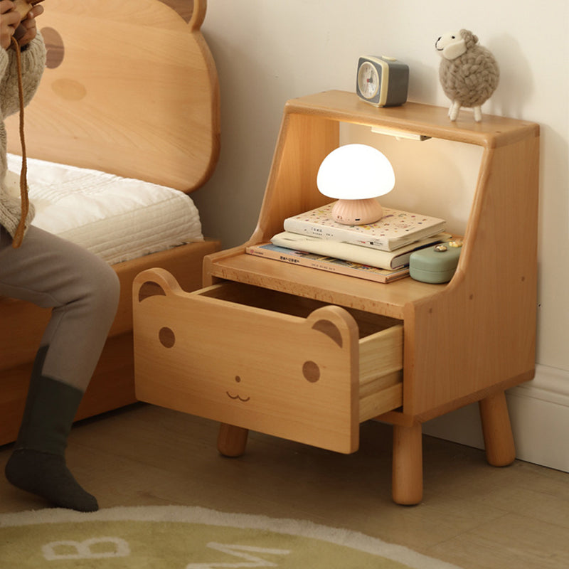 Contemporary Creative Kids Bear Shape Oak Nightstand 1-Drawer For Bedroom