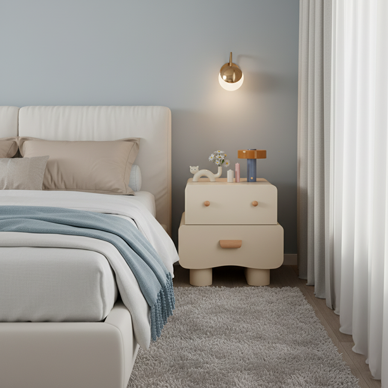 Modern Minimalist Rectangular Solid Wood Multi-layer Board Faux Leather Nightstand 2-Drawer For Bedroom