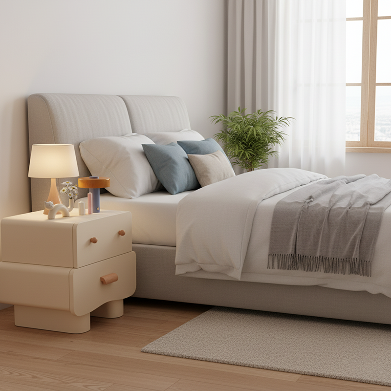 Modern Minimalist Rectangular Solid Wood Multi-layer Board Faux Leather Nightstand 2-Drawer For Bedroom