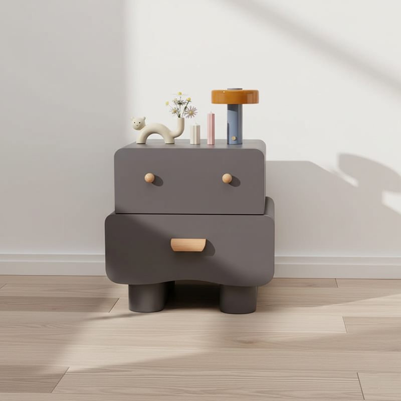 Modern Minimalist Rectangular Solid Wood Multi-layer Board Faux Leather Nightstand 2-Drawer For Bedroom