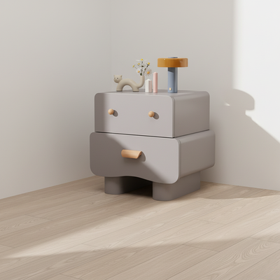 Modern Minimalist Rectangular Solid Wood Multi-layer Board Faux Leather Nightstand 2-Drawer For Bedroom