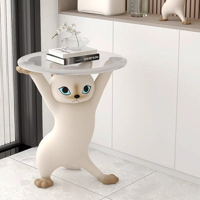 Contemporary Creative Cat Shape Glass Resin Side Table 1-Tier For Living Room