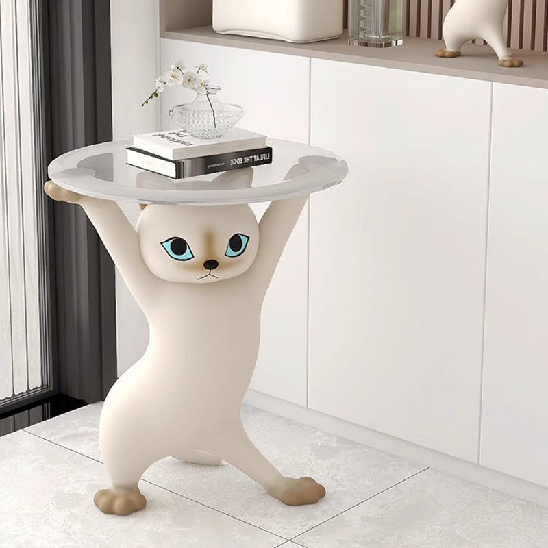 Contemporary Creative Cat Shape Glass Resin Side Table 1-Tier For Living Room