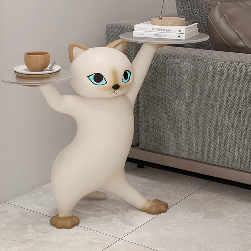 Contemporary Creative Cat Shape Glass Resin Side Table 1-Tier For Living Room