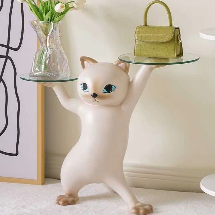 Contemporary Creative Cat Shape Glass Resin Side Table 1-Tier For Living Room