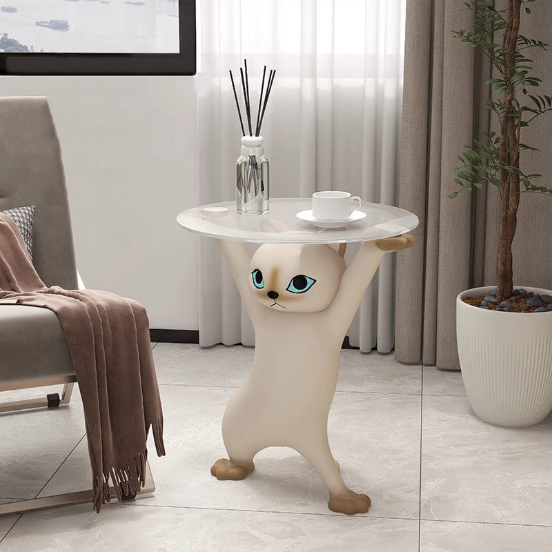 Contemporary Creative Cat Shape Glass Resin Side Table 1-Tier For Living Room