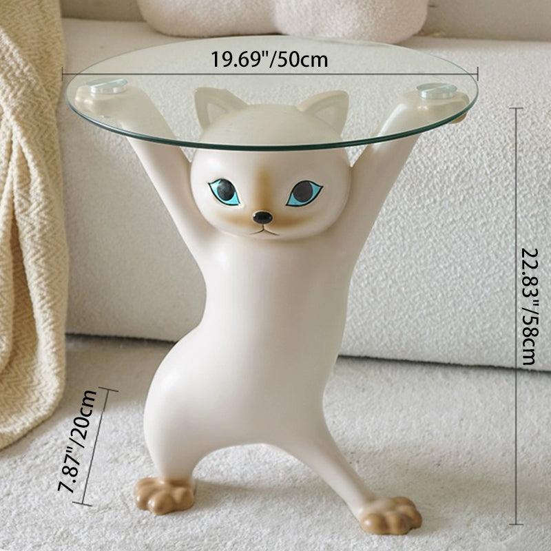 Contemporary Creative Cat Shape Glass Resin Side Table 1-Tier For Living Room