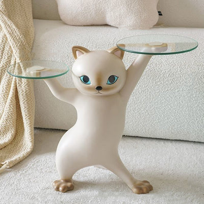 Contemporary Creative Cat Shape Glass Resin Side Table 1-Tier For Living Room