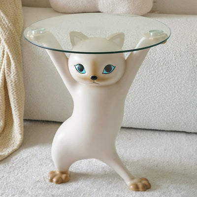 Contemporary Creative Cat Shape Glass Resin Side Table 1-Tier For Living Room