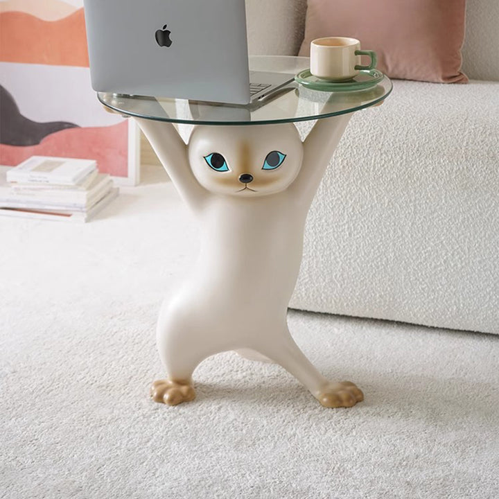 Contemporary Creative Cat Shape Glass Resin Side Table 1-Tier For Living Room