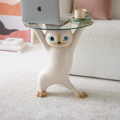 Contemporary Creative Cat Shape Glass Resin Side Table 1-Tier For Living Room