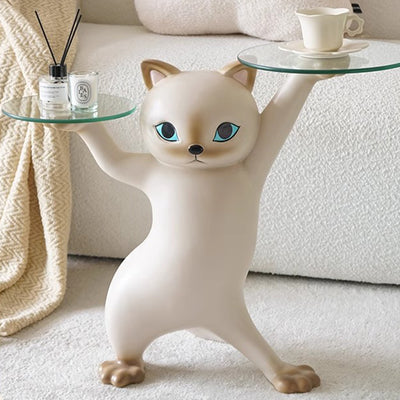 Contemporary Creative Cat Shape Glass Resin Side Table 1-Tier For Living Room