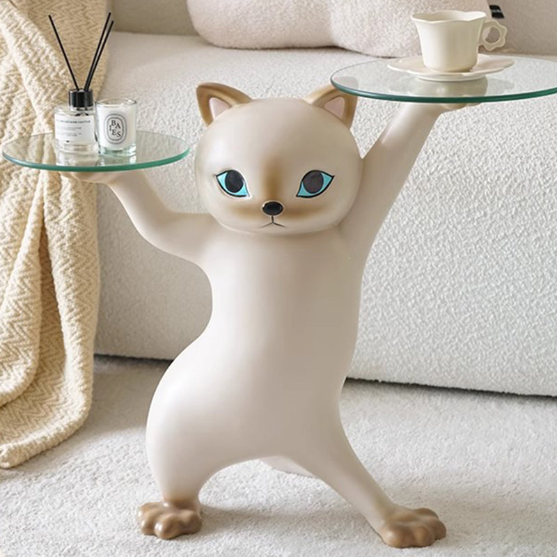 Contemporary Creative Cat Shape Glass Resin Side Table 1-Tier For Living Room