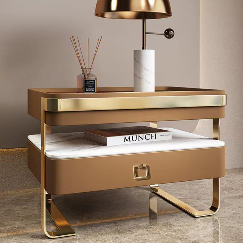 Contemporary Scandinavian Rectangular Glass Sintered Stone Solid Wood Multi-layer Board Stainless Steel Faux Leather Velvet Nightstand 1-Drawer For Bedroom