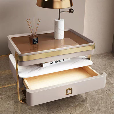 Contemporary Scandinavian Rectangular Glass Sintered Stone Solid Wood Multi-layer Board Stainless Steel Faux Leather Velvet Nightstand 1-Drawer For Bedroom