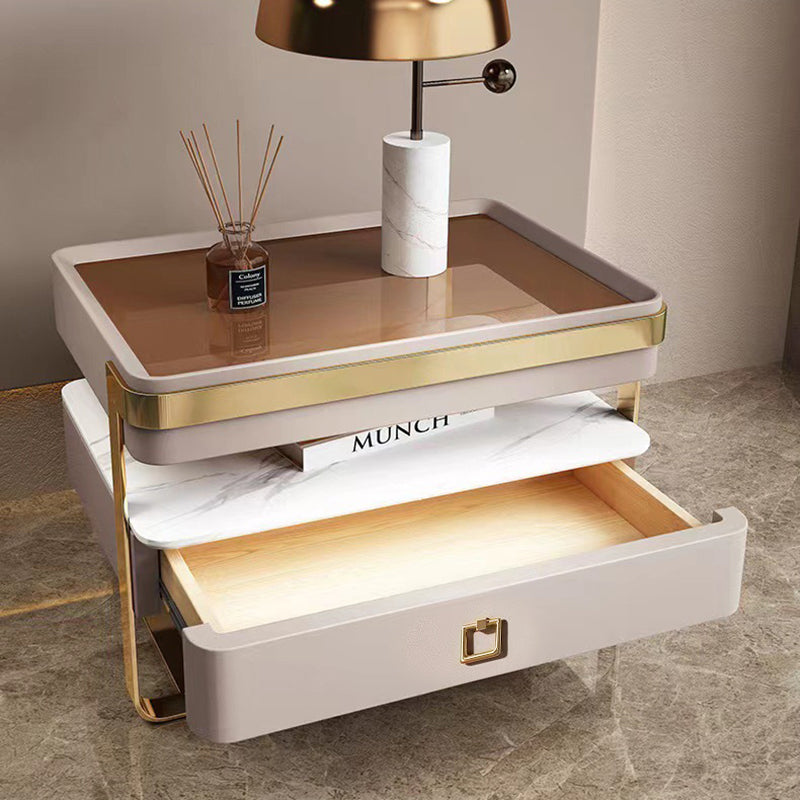 Contemporary Scandinavian Rectangular Glass Sintered Stone Solid Wood Multi-layer Board Stainless Steel Faux Leather Velvet Nightstand 1-Drawer For Bedroom