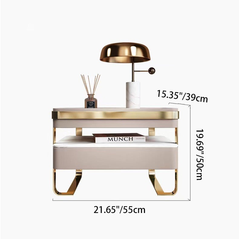 Contemporary Scandinavian Rectangular Glass Sintered Stone Solid Wood Multi-layer Board Stainless Steel Faux Leather Velvet Nightstand 1-Drawer For Bedroom