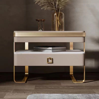 Contemporary Scandinavian Rectangular Glass Sintered Stone Solid Wood Multi-layer Board Stainless Steel Faux Leather Velvet Nightstand 1-Drawer For Bedroom