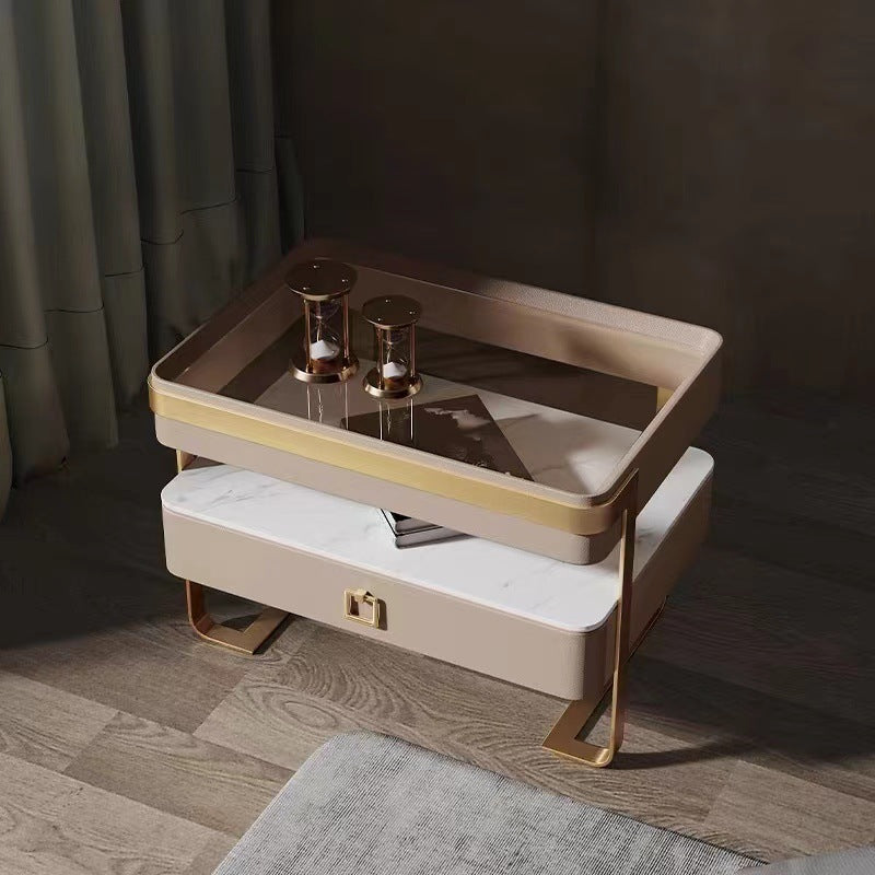 Contemporary Scandinavian Rectangular Glass Sintered Stone Solid Wood Multi-layer Board Stainless Steel Faux Leather Velvet Nightstand 1-Drawer For Bedroom