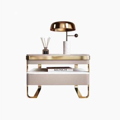 Contemporary Scandinavian Rectangular Glass Sintered Stone Solid Wood Multi-layer Board Stainless Steel Faux Leather Velvet Nightstand 1-Drawer For Bedroom