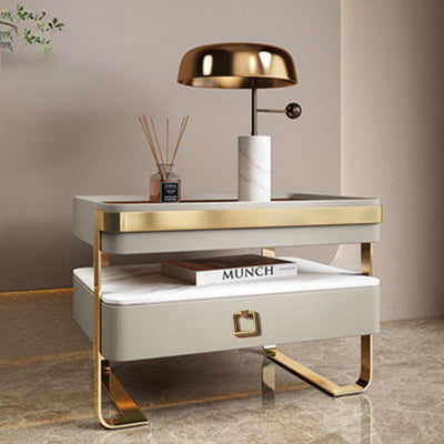 Contemporary Scandinavian Rectangular Glass Sintered Stone Solid Wood Multi-layer Board Stainless Steel Faux Leather Velvet Nightstand 1-Drawer For Bedroom