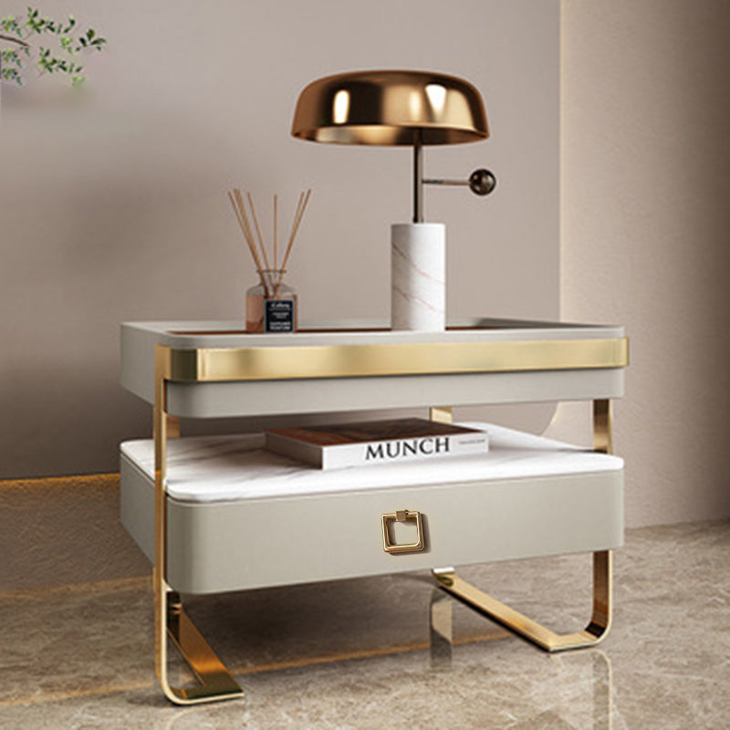 Contemporary Scandinavian Rectangular Glass Sintered Stone Solid Wood Multi-layer Board Stainless Steel Faux Leather Velvet Nightstand 1-Drawer For Bedroom