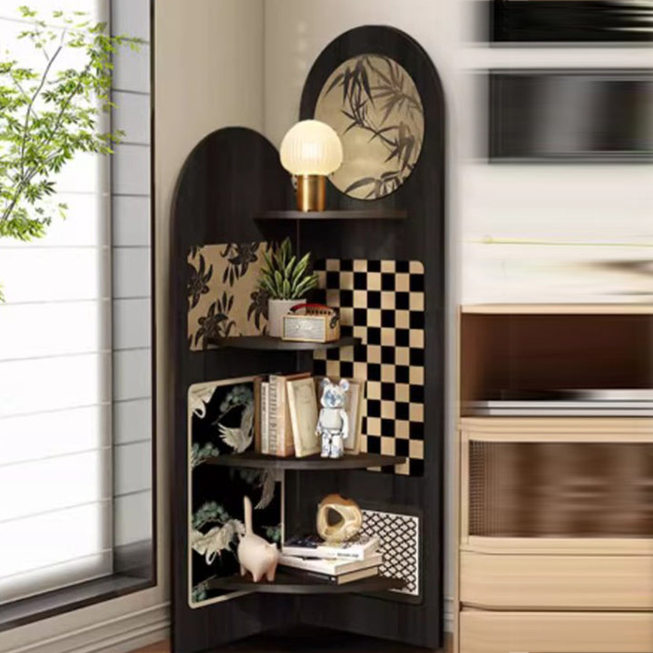 Estantería de Esquina de MDF de Forma de Doble Arco Chino Tradicional de 4 Niveles para Sala de Estar 