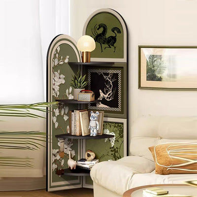 Traditional Chinese Double-Arched Shape MDF Corner Shelf Unit 4-Tier For Living Room