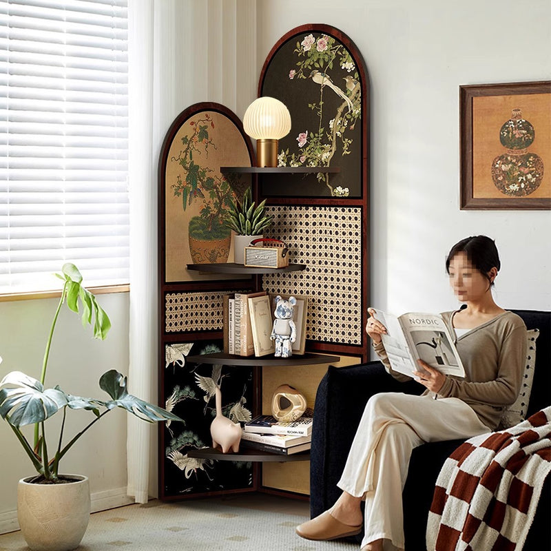 Traditional Chinese Double-Arched Shape MDF Corner Shelf Unit 4-Tier For Living Room