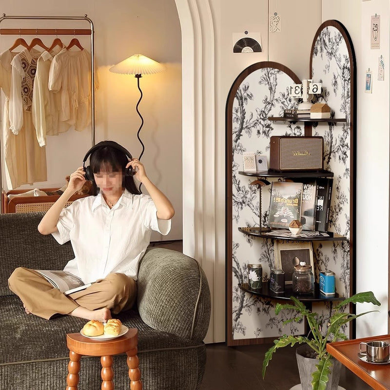 Traditional Chinese Double-Arched Shape MDF Corner Shelf Unit 4-Tier For Living Room