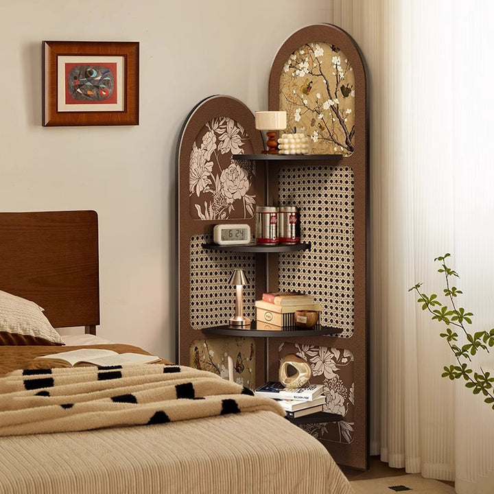 Estantería de Esquina de MDF de Forma de Doble Arco Chino Tradicional de 4 Niveles para Sala de Estar 