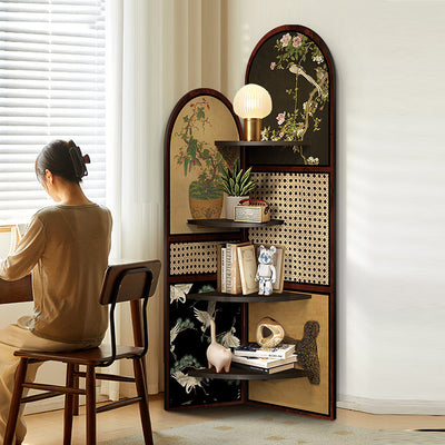 Traditional Chinese Double-Arched Shape MDF Corner Shelf Unit 4-Tier For Living Room