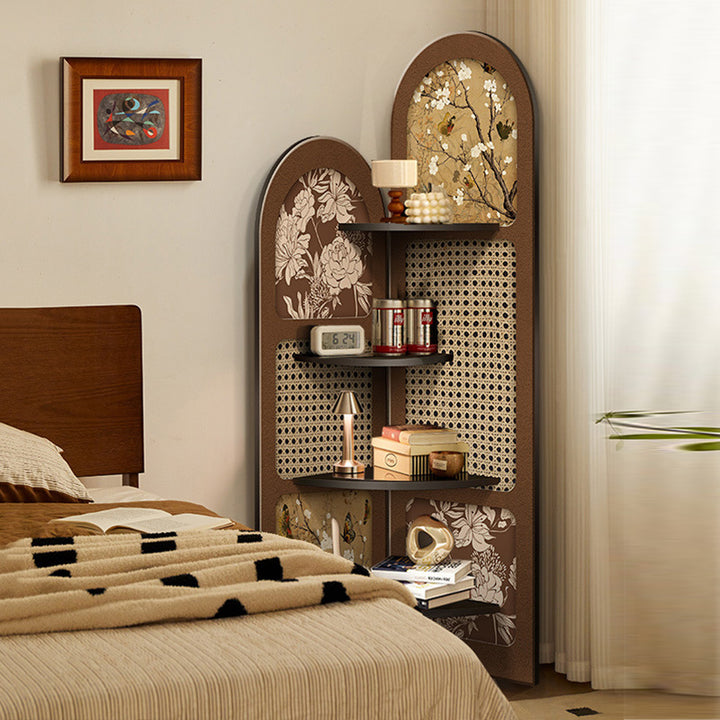 Estantería de Esquina de MDF de Forma de Doble Arco Chino Tradicional de 4 Niveles para Sala de Estar 
