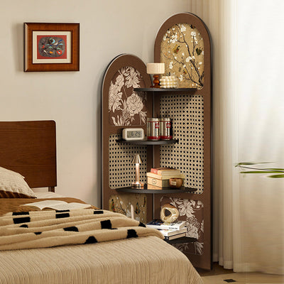 Traditional Chinese Double-Arched Shape MDF Corner Shelf Unit 4-Tier For Living Room