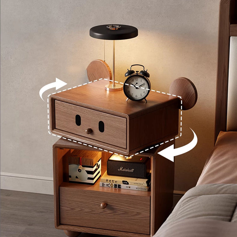 Contemporary Creative Kids Mouse Shape Rubberwood Pine Wood Swivel Nightstand 2-Drawer For Bedroom