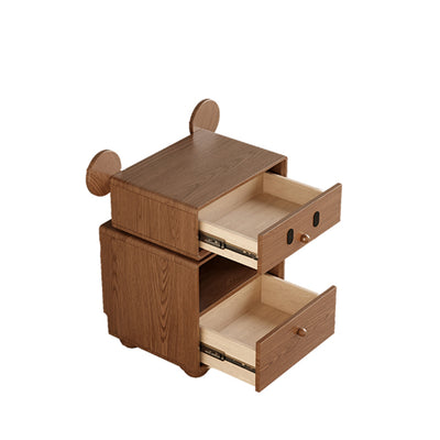 Contemporary Creative Kids Mouse Shape Rubberwood Pine Wood Swivel Nightstand 2-Drawer For Bedroom