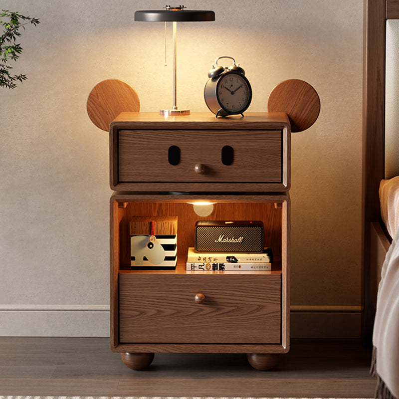 Contemporary Creative Kids Mouse Shape Rubberwood Pine Wood Swivel Nightstand 2-Drawer For Bedroom