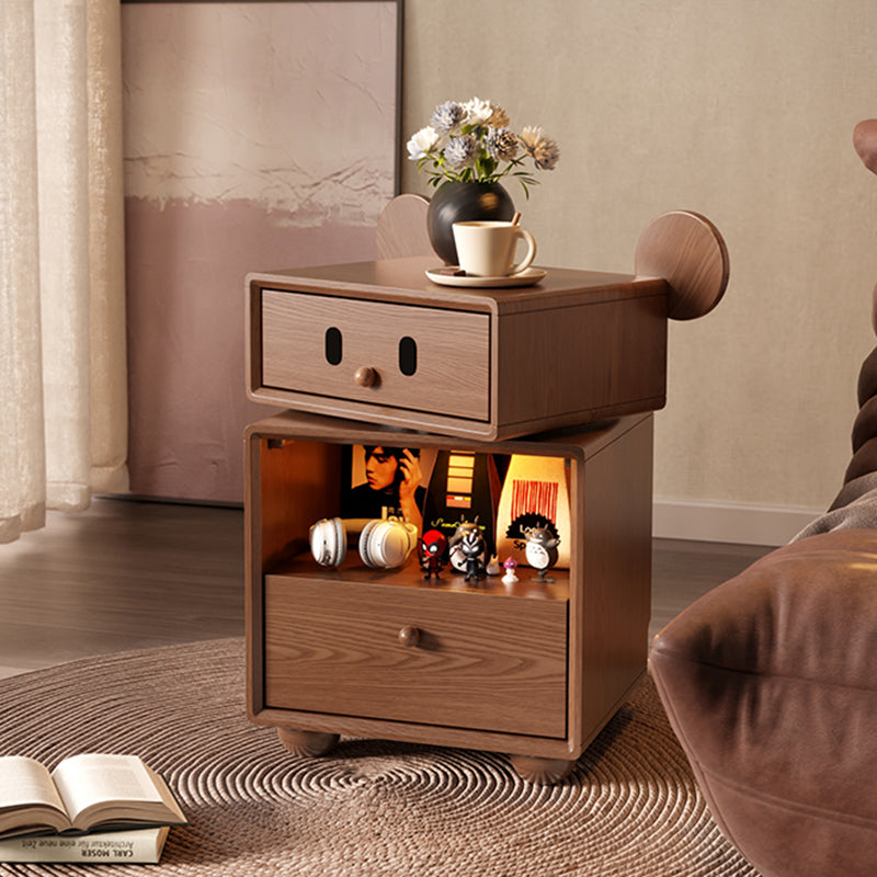 Contemporary Creative Kids Mouse Shape Rubberwood Pine Wood Swivel Nightstand 2-Drawer For Bedroom