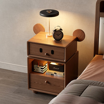 Contemporary Creative Kids Mouse Shape Rubberwood Pine Wood Swivel Nightstand 2-Drawer For Bedroom