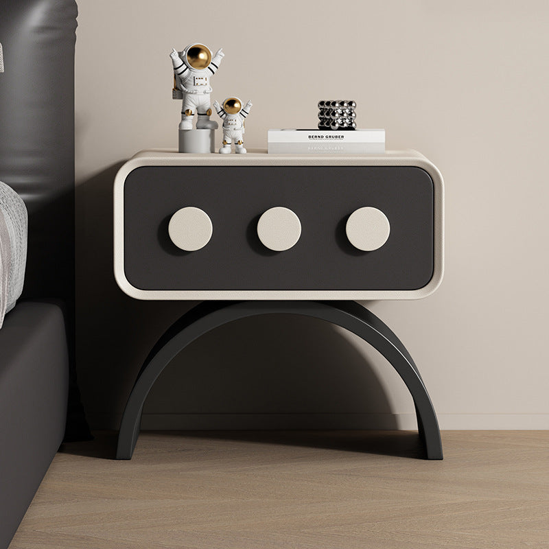 Contemporary Scandinavian Rectangle Solid Wood Multi-layer Board Pine Wood Faux Leather Carbon Steel Nightstand 1-Drawer For Bedroom