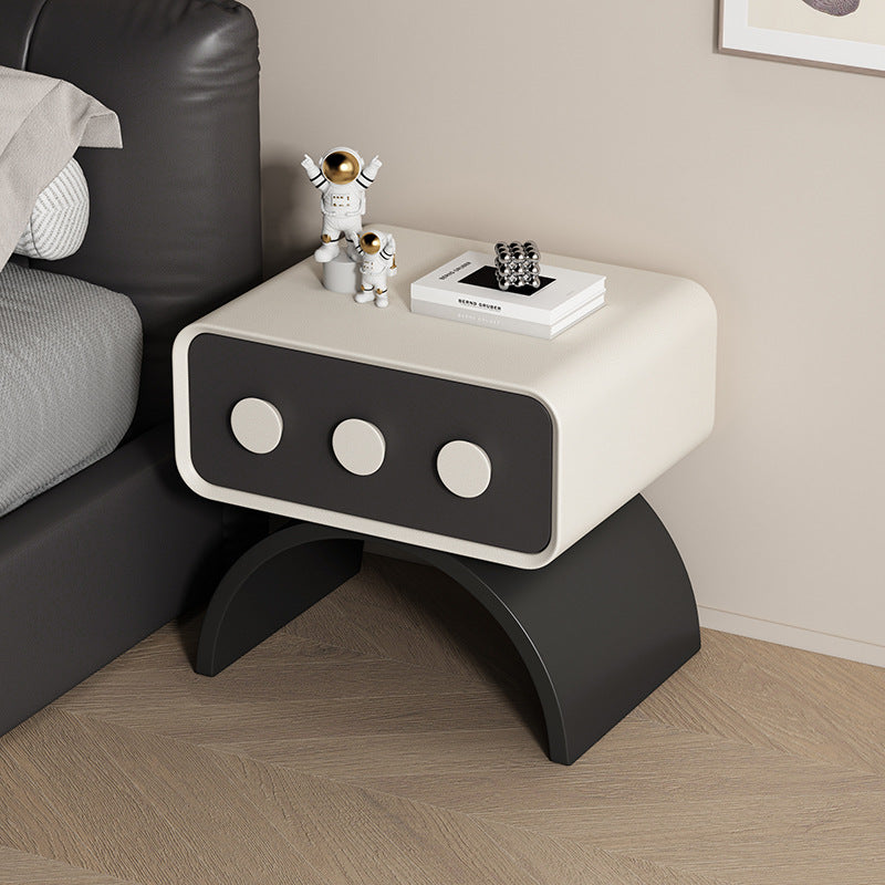 Contemporary Scandinavian Rectangle Solid Wood Multi-layer Board Pine Wood Faux Leather Carbon Steel Nightstand 1-Drawer For Bedroom