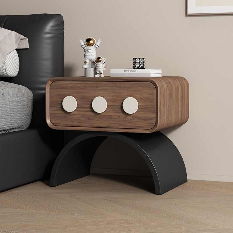 Contemporary Scandinavian Rectangle Solid Wood Multi-layer Board Pine Wood Faux Leather Carbon Steel Nightstand 1-Drawer For Bedroom