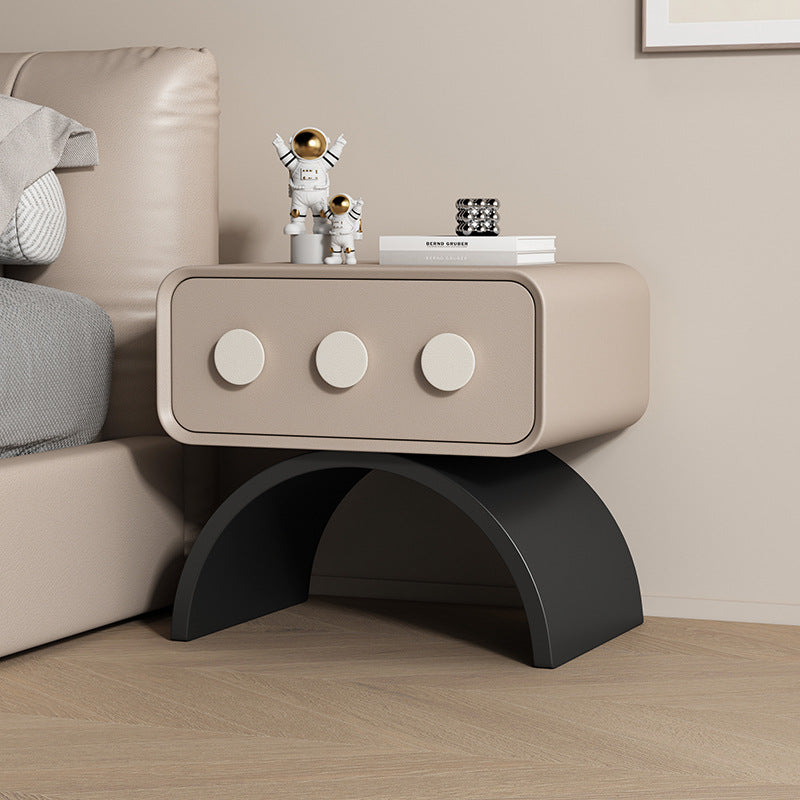 Contemporary Scandinavian Rectangle Solid Wood Multi-layer Board Pine Wood Faux Leather Carbon Steel Nightstand 1-Drawer For Bedroom